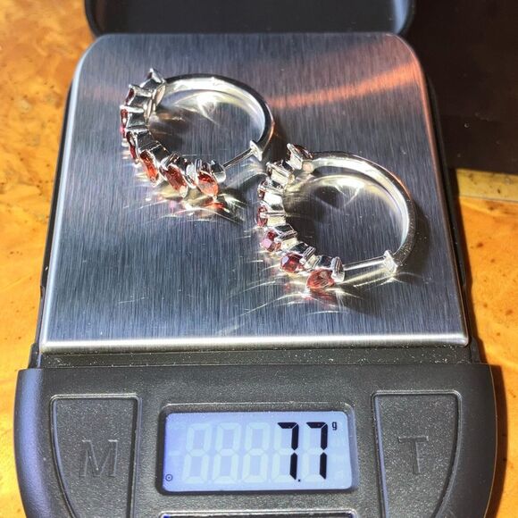 Natural Red Garnet Sterling Silver Hoop Earrings - Picture 7 of 9
